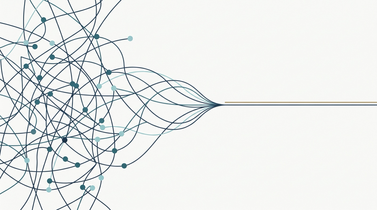 Many tangled signal lines on the left resolving into a single calm, uninterrupted line on the right: scattered front-desk attention becoming focused.