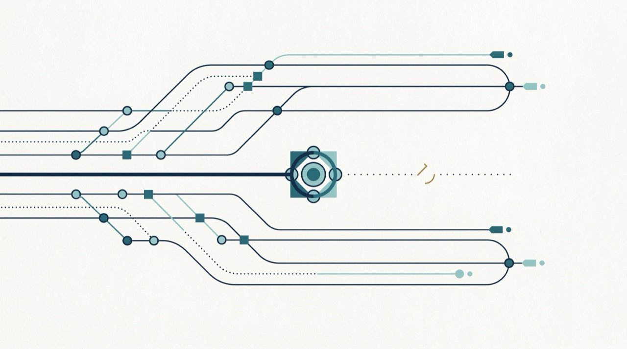 A row of signal lines complete their path while one bold line reaches a decision node and stops, leaving a bronze gap and a dotted endpoint that never connects: diagnosed treatment that was never scheduled.