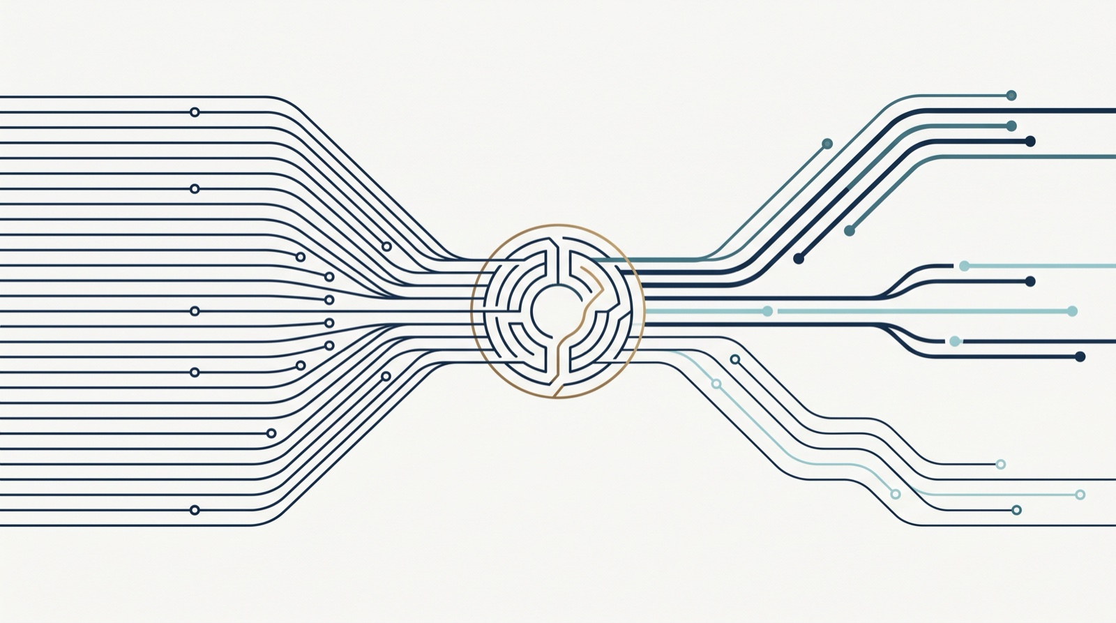Many identical-looking signal lines arriving from the left, converging at a single triage node, then leaving sorted into prioritized channels of different weights: undifferentiated requests being triaged and routed.