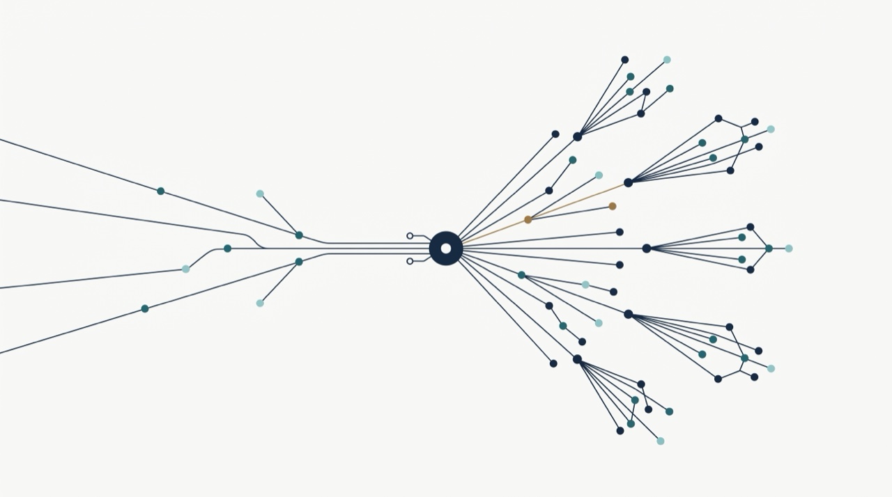 A central hub node with incoming lines on the left fanning out to several distinct destination clusters on the right: a single request routed to the right place among many.