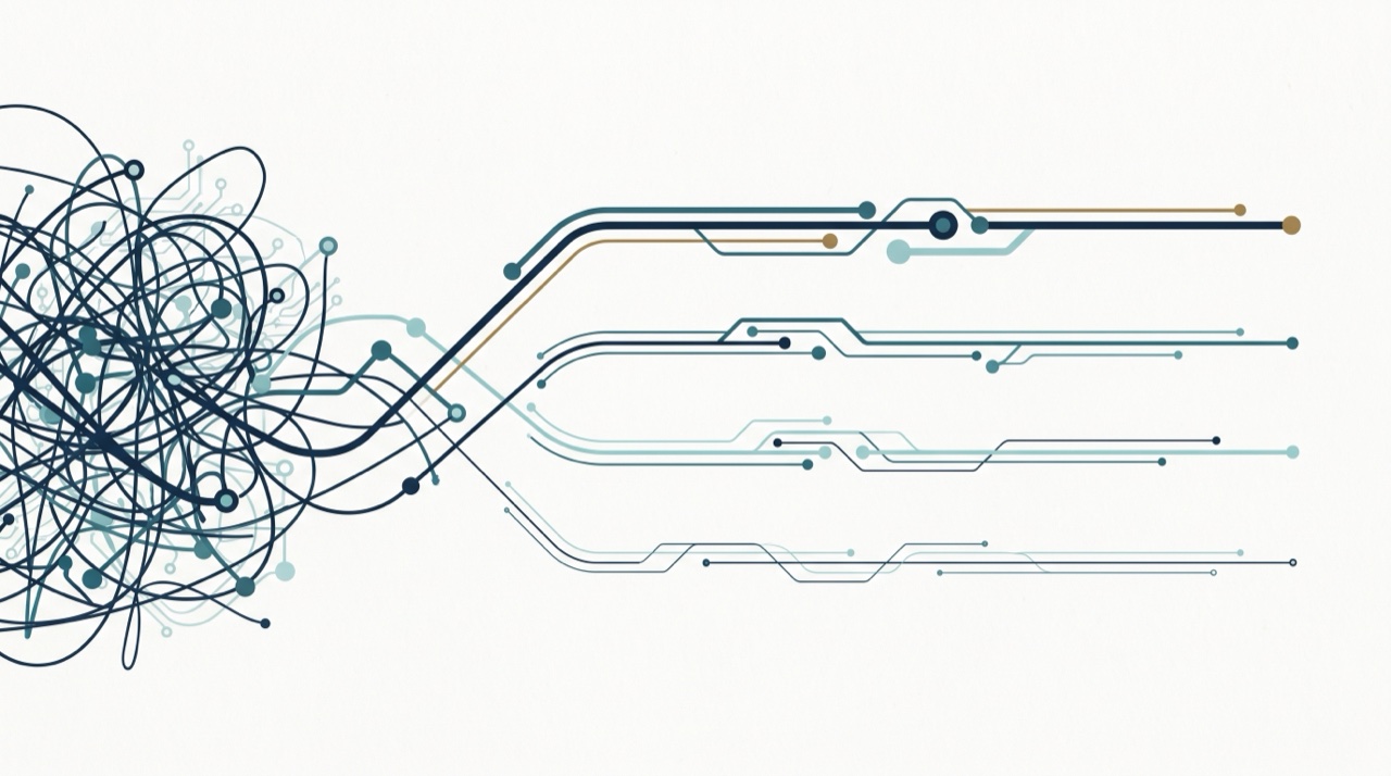 A tangled bundle of lines on the left resolving into a few clean, ordered, parallel priority lanes on the right: requests categorized, prioritized, visible, and owned.