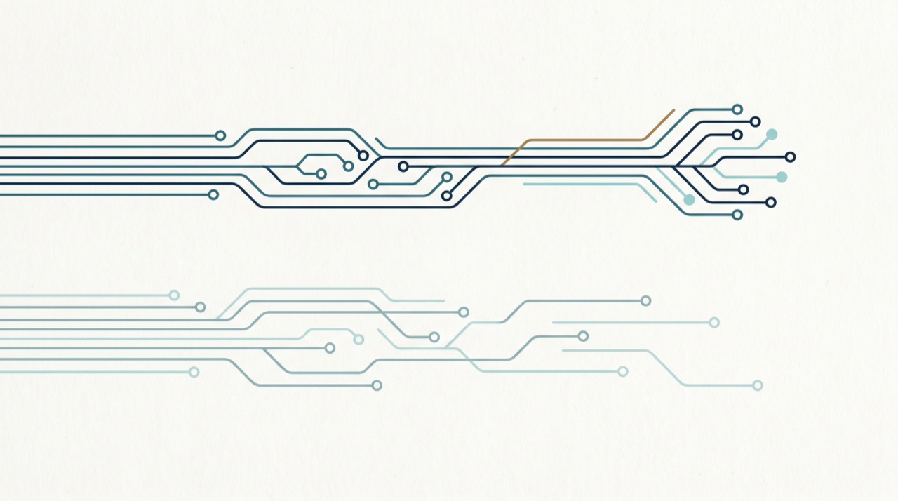 Two stacked bands of signal lines: an upper band fully lit and flowing to completion, a lower band faint and stalled with idle nodes that never finish.